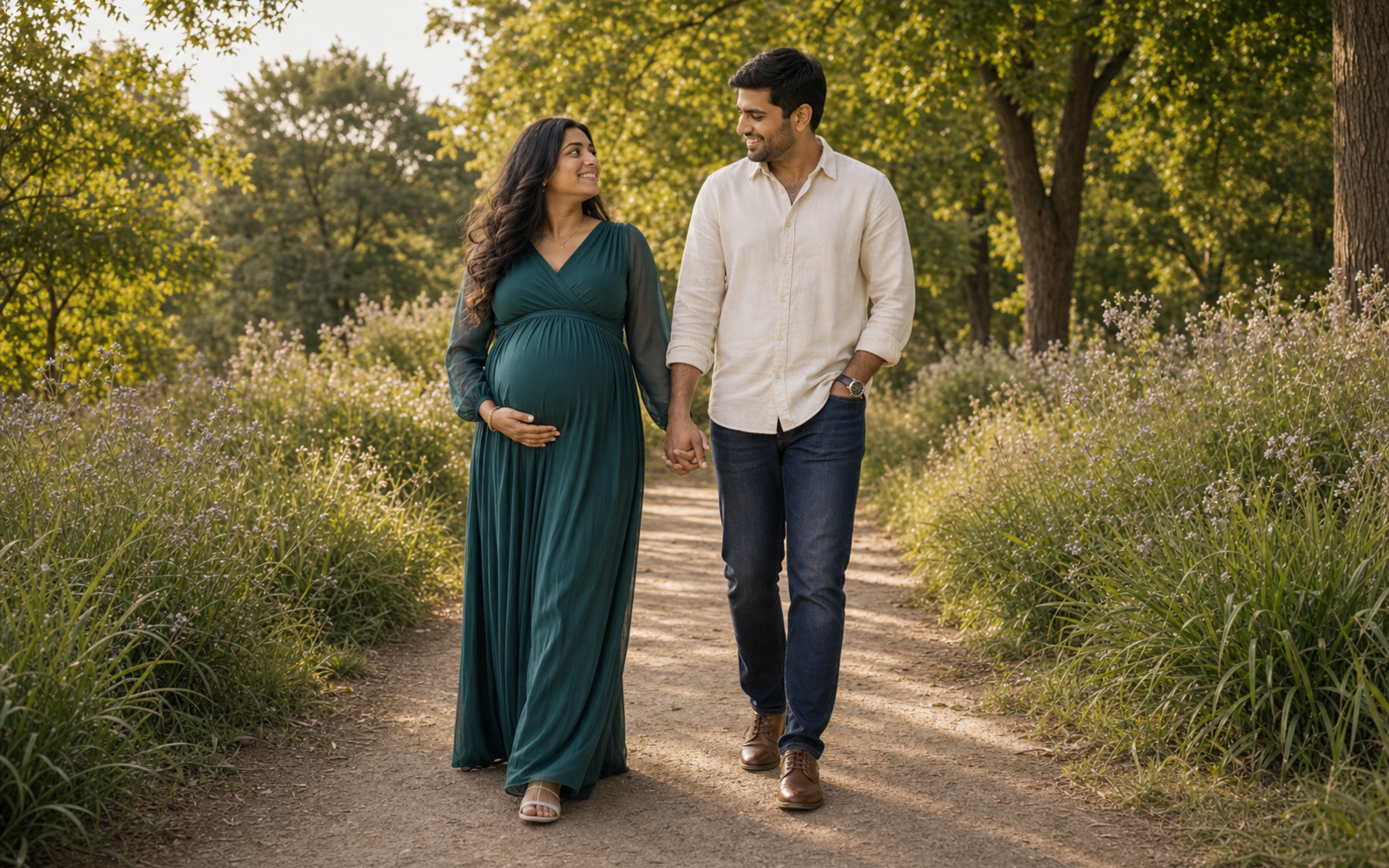 Couple Poses Pregnancy Photoshoot Ideas wide maternity walk pose reference
