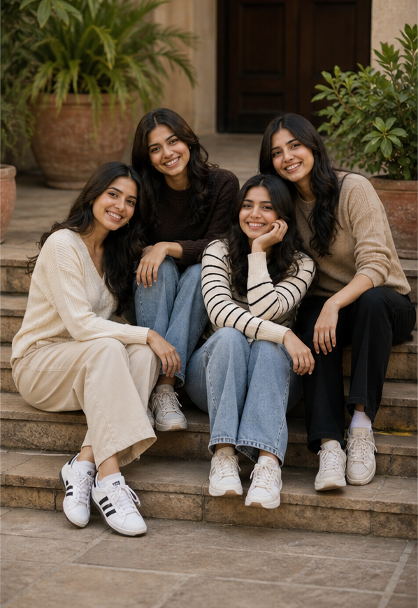 Seated steps group pose reference for group photo poses for girls