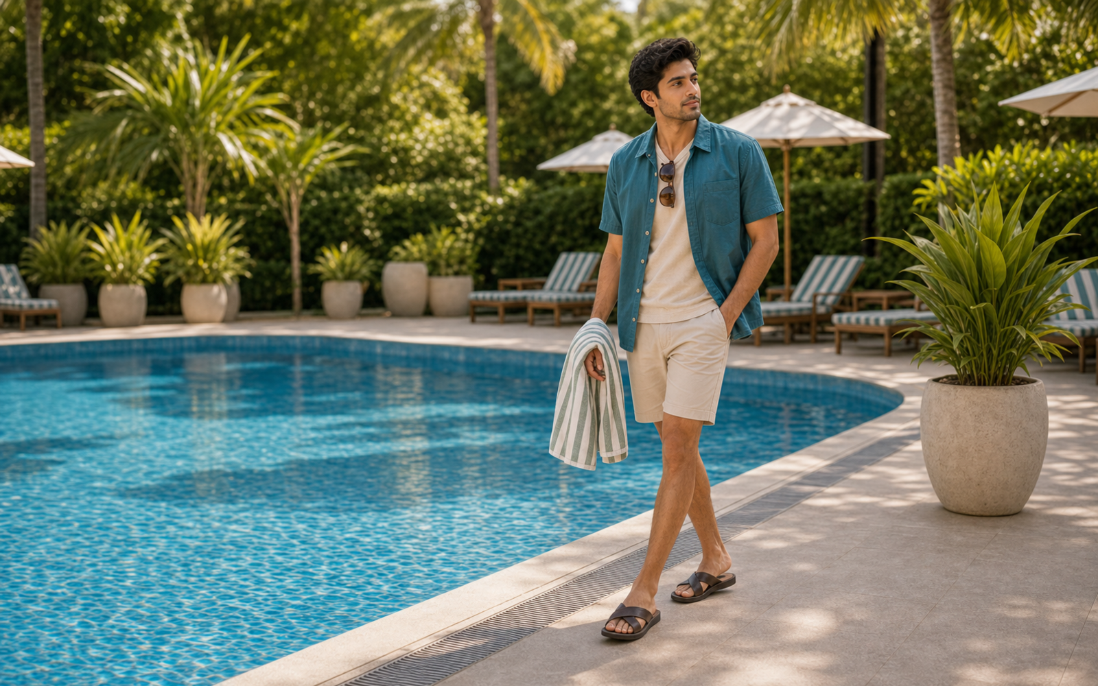 Photo Pose for Swimming Pool wide poolside walk pose reference