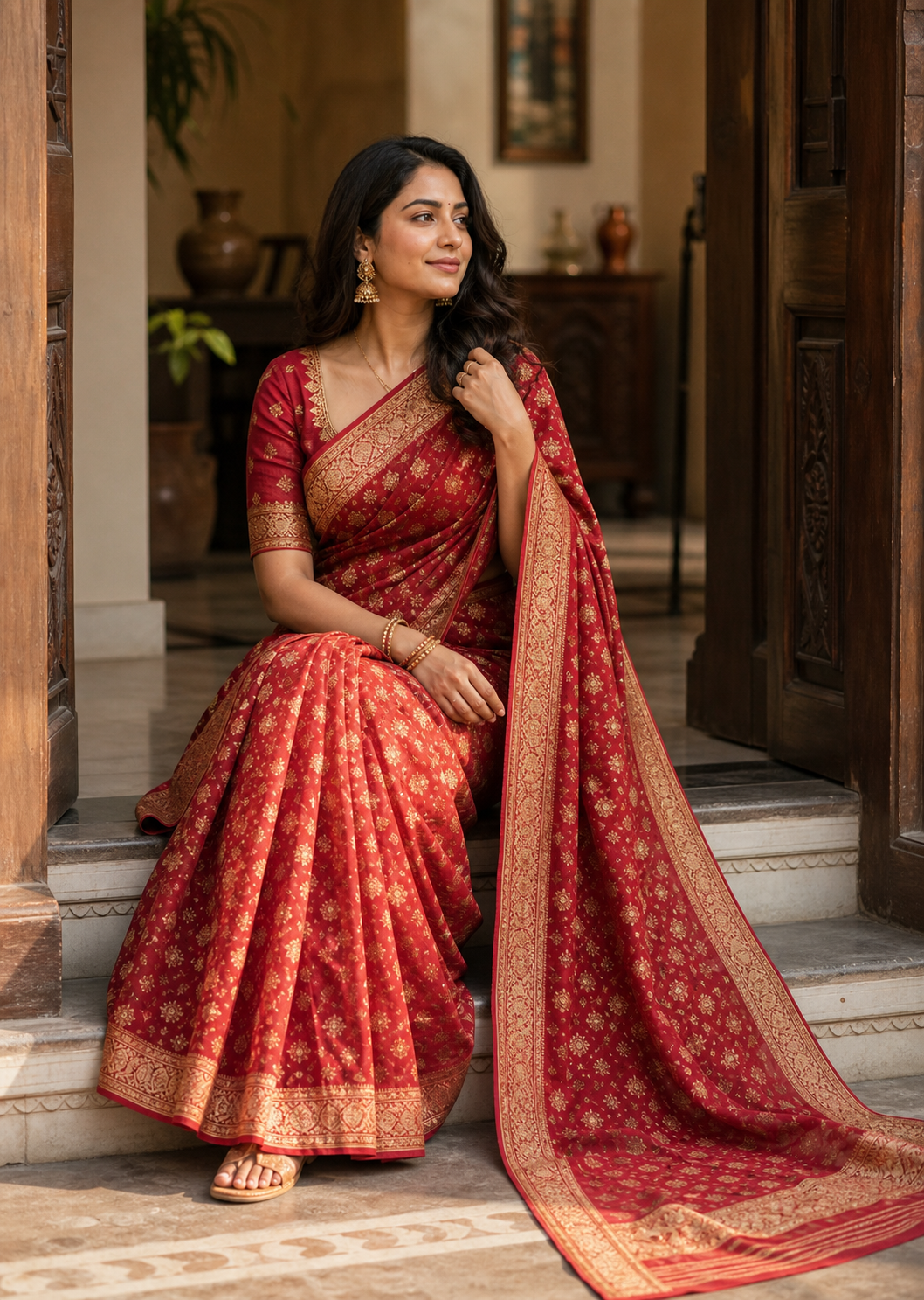 Seated saree pose reference for photo pose for woman in saree