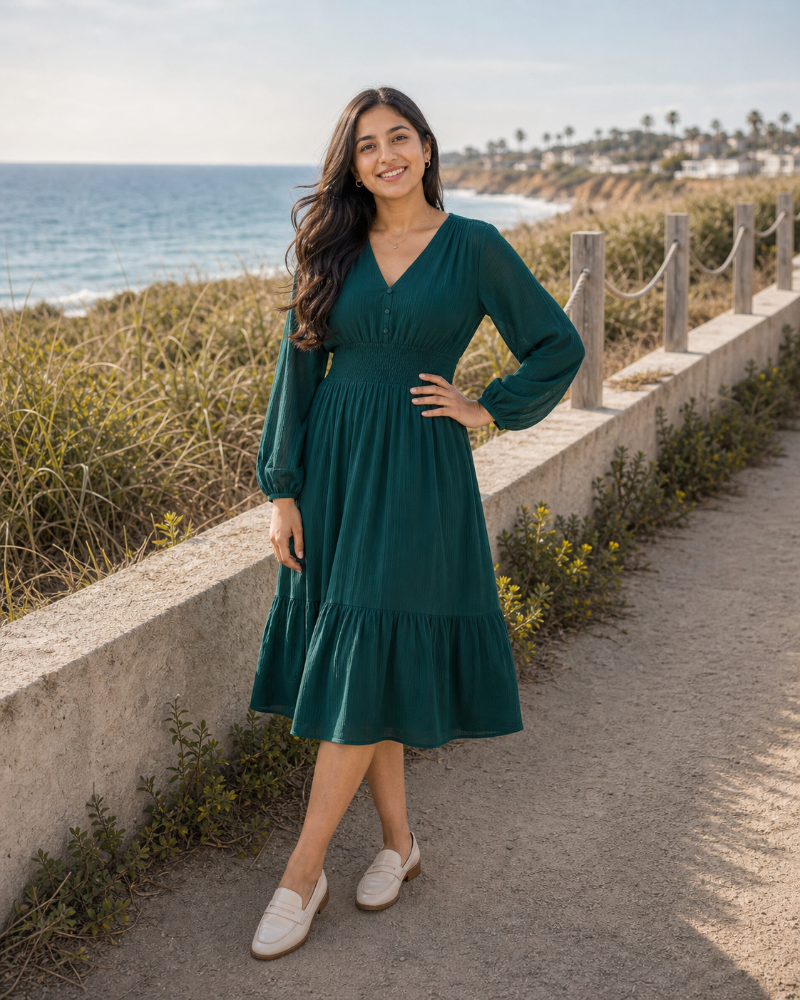 Green dress standing angle reference for photo pose for women in dress