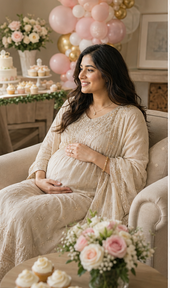 Seated shower chair pose reference for photo poses for baby shower at home