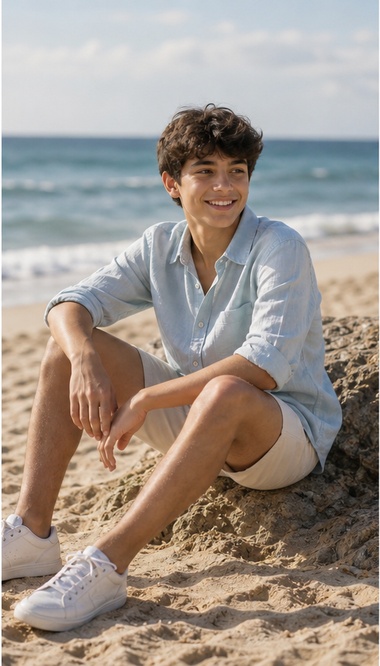 Seated sand angle reference for photo poses for boys in beach