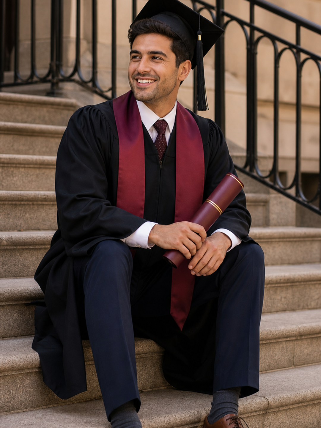 Poses for College Graduation Pictures seated campus steps pose reference