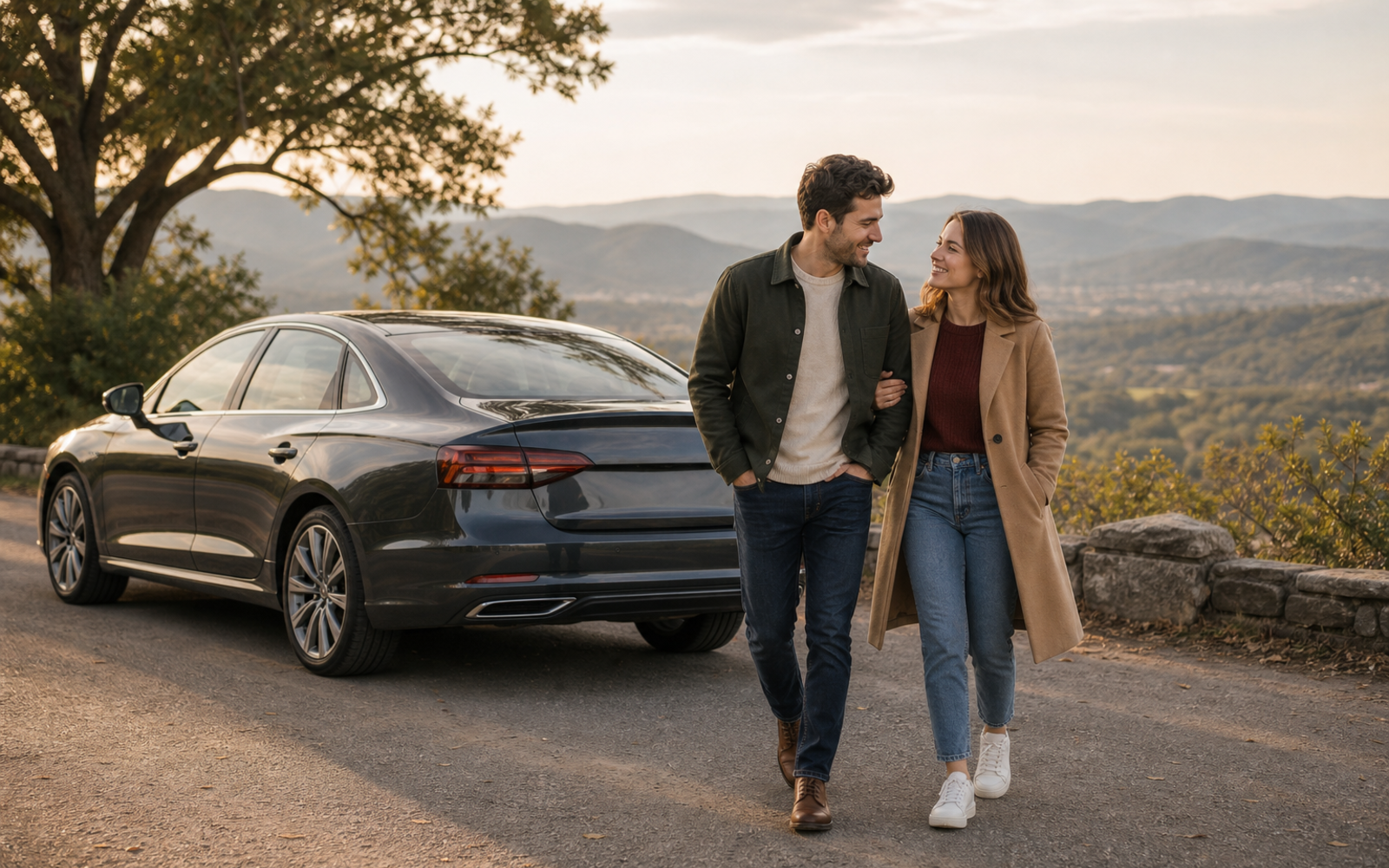 Poses for Couples with Car wide car-side walk pose reference