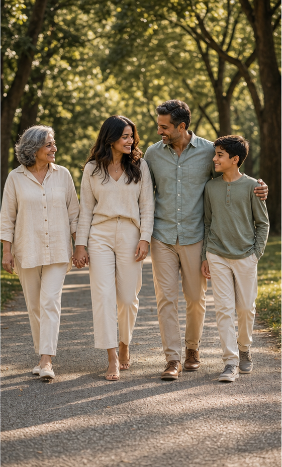 Five-person park walk reference for poses for family of 5