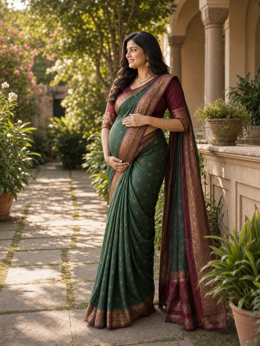 Poses for Maternity Shoot in Saree garden saree stance pose reference
