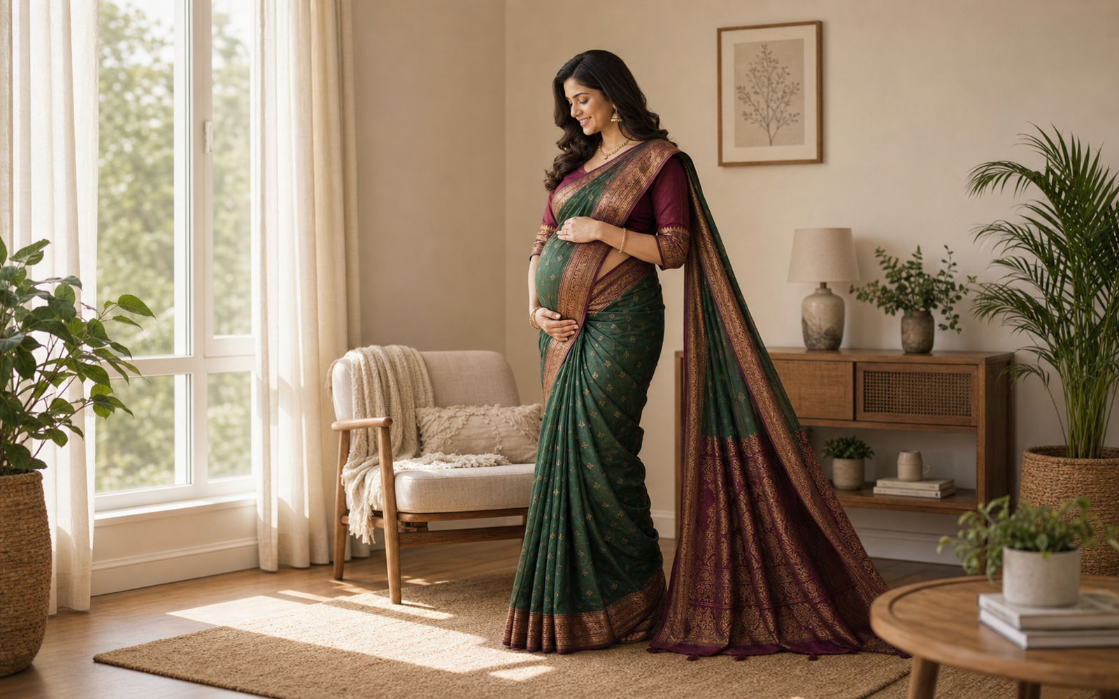 Poses for Maternity Shoot in Saree wide saree room frame pose reference