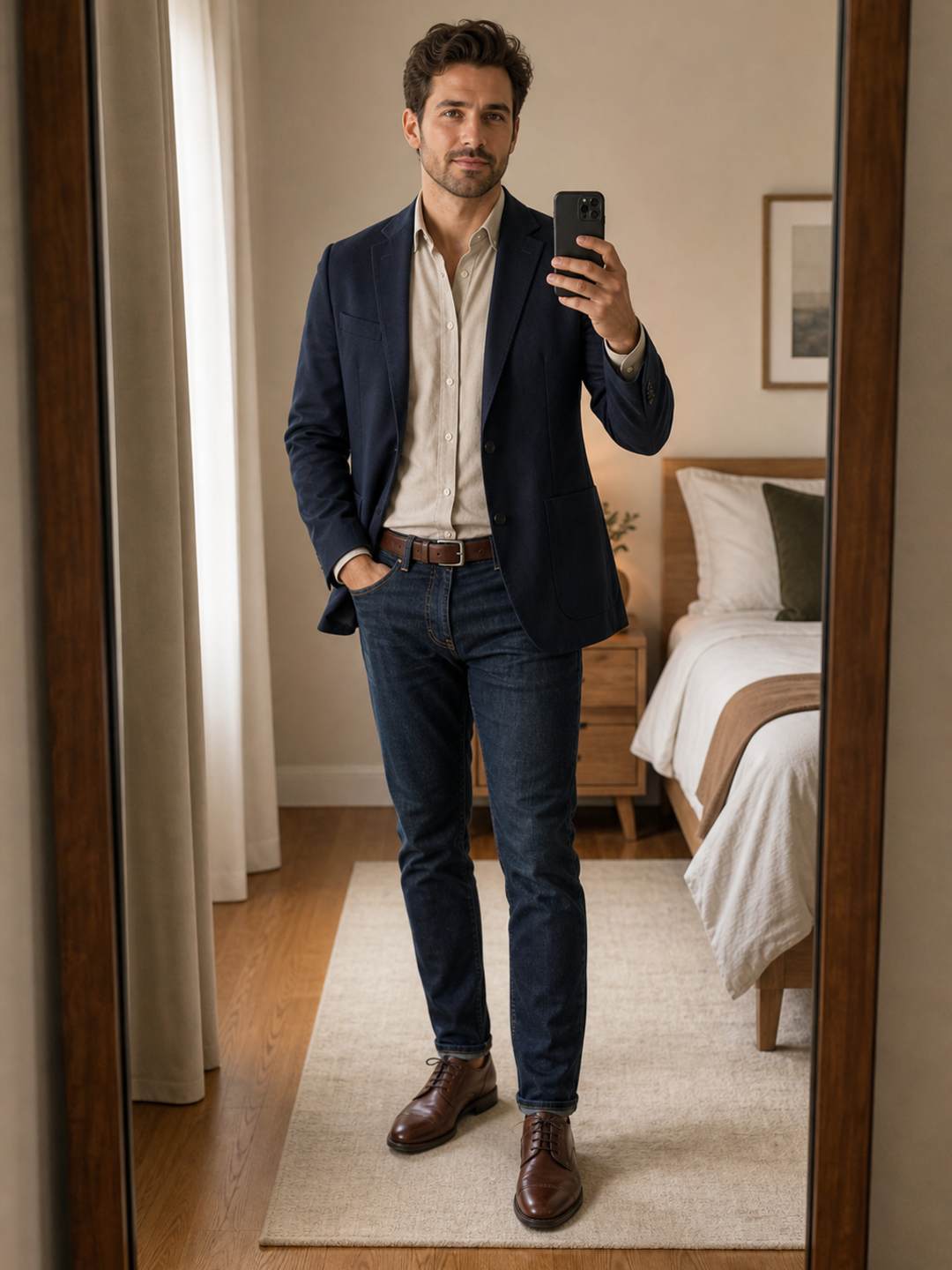 Poses for Mirror Pics Men full outfit mirror stance pose reference