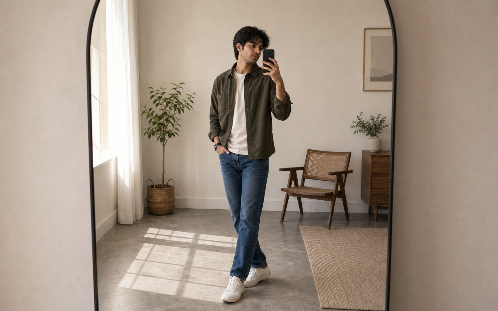 Poses for Mirror Selfie Boy Standing Up wide mirror room pose pose reference