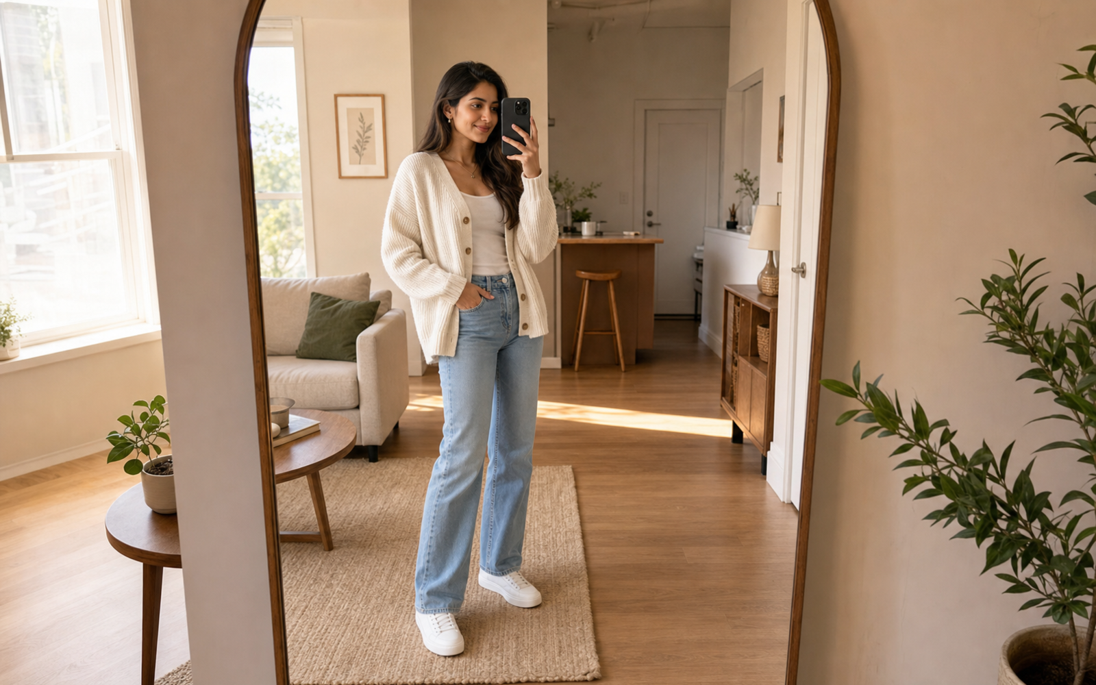 Poses for Mirror Selfie Girl Standing Up wide standing room frame pose reference