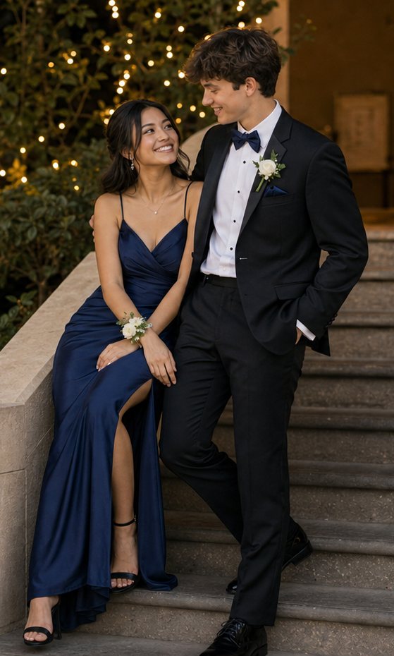 Seated stair prom pose reference for prom date poses
