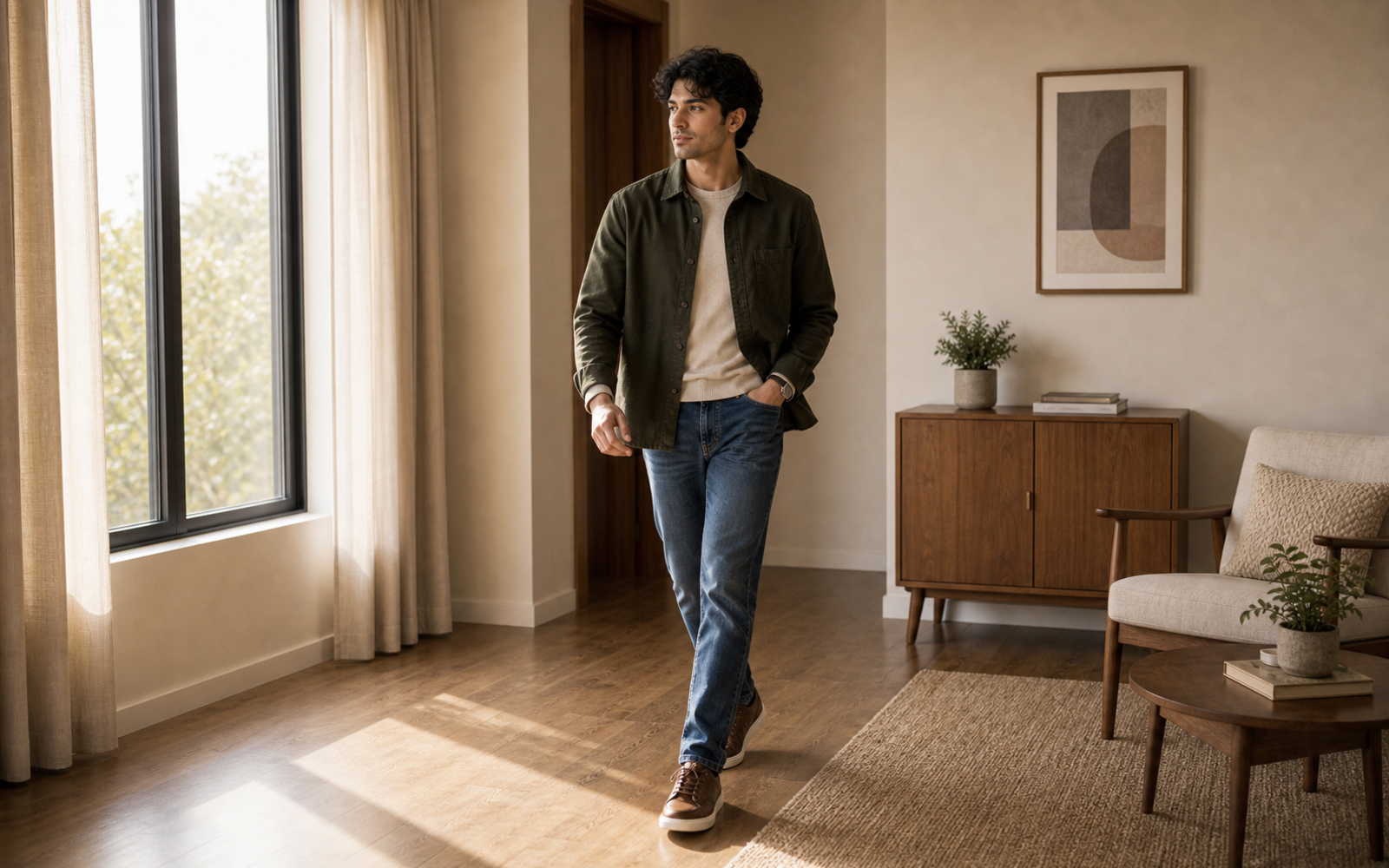Stylish Photo Pose for Boy in Home wide indoor walk pose reference