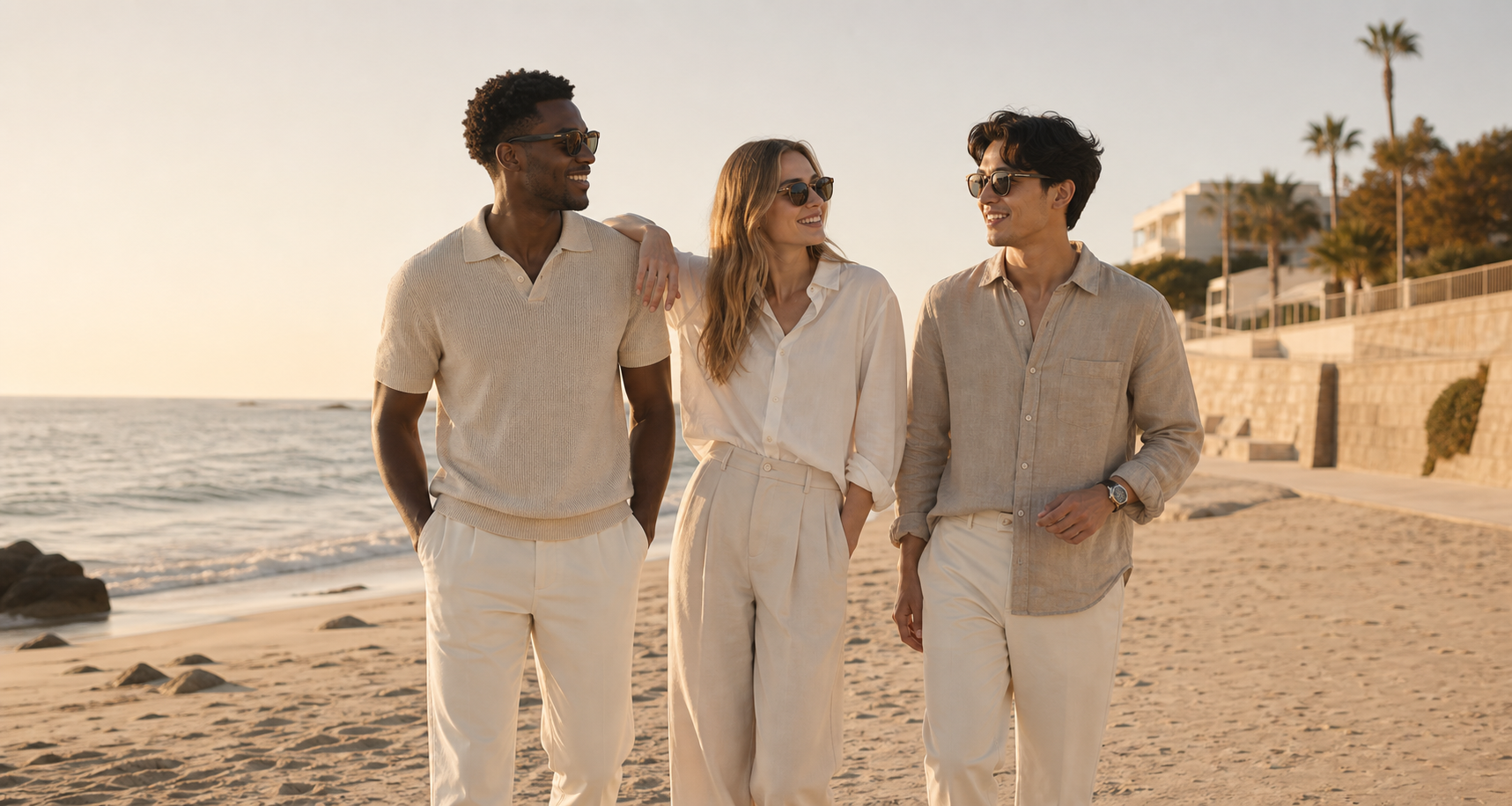 Beach walking pose reference with a diverse adult friend group