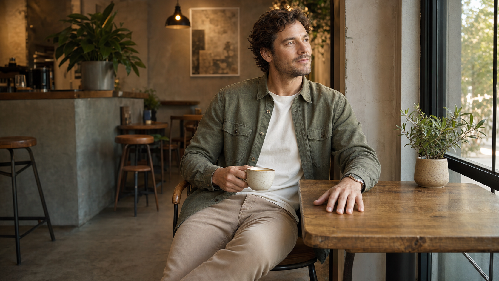 Cafe window table pose reference for men