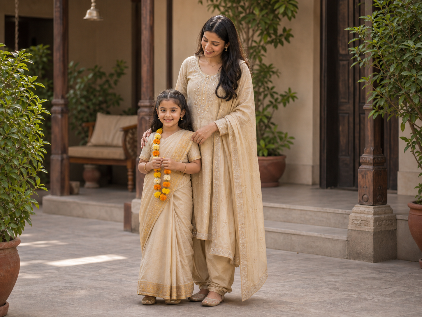 Age-appropriate child traditional clothing pose reference for photo poses for kids in saree