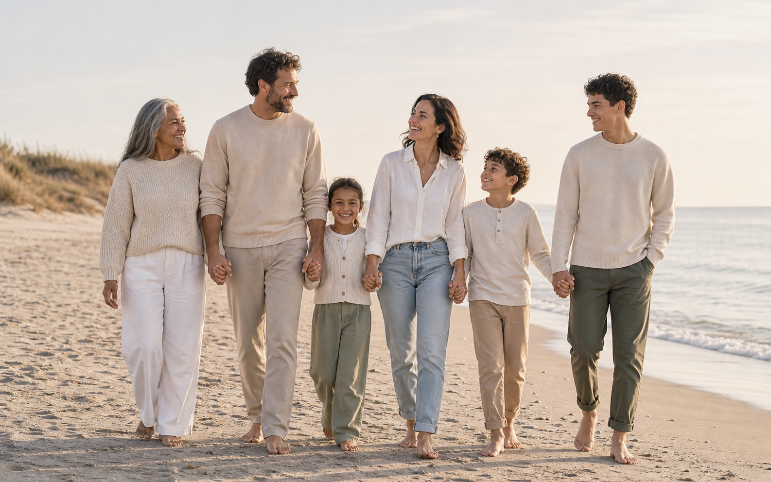 Family of six shoreline curve pose reference at the beach