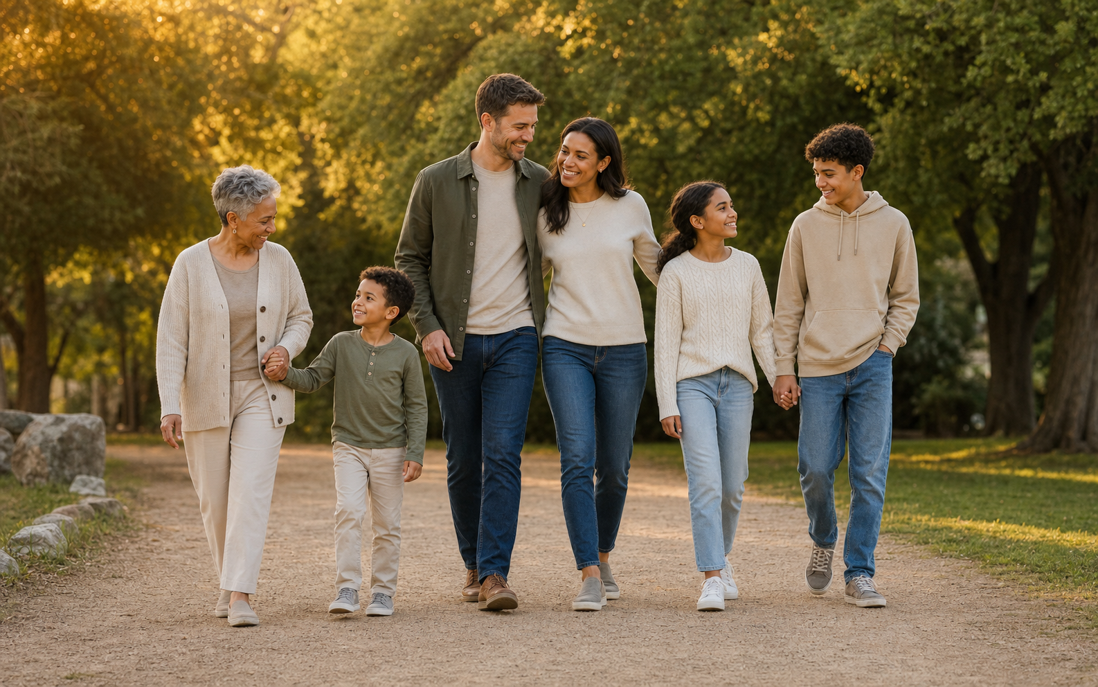 Family of six staggered walking pose reference in a park