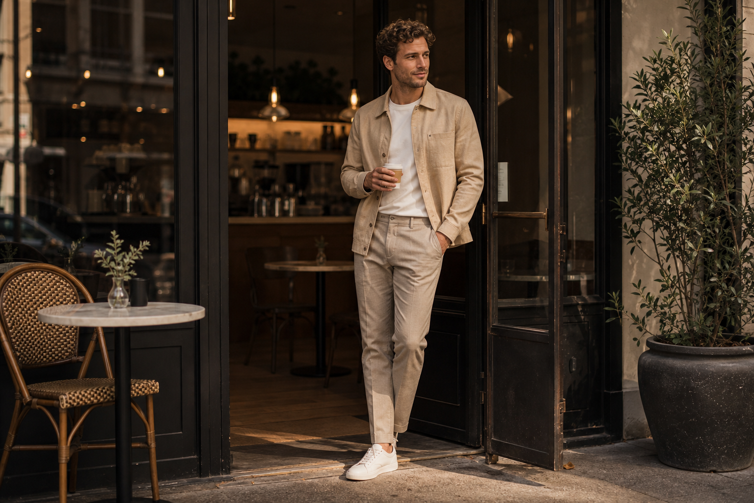 Cafe doorway standing pose reference for men