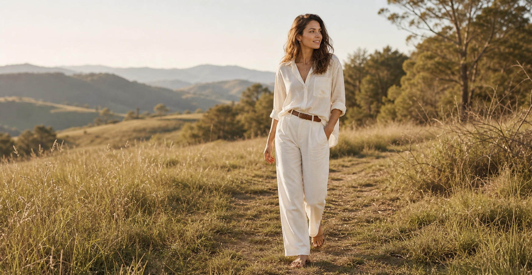 Outdoor meadow walking pose reference for natural portrait photos