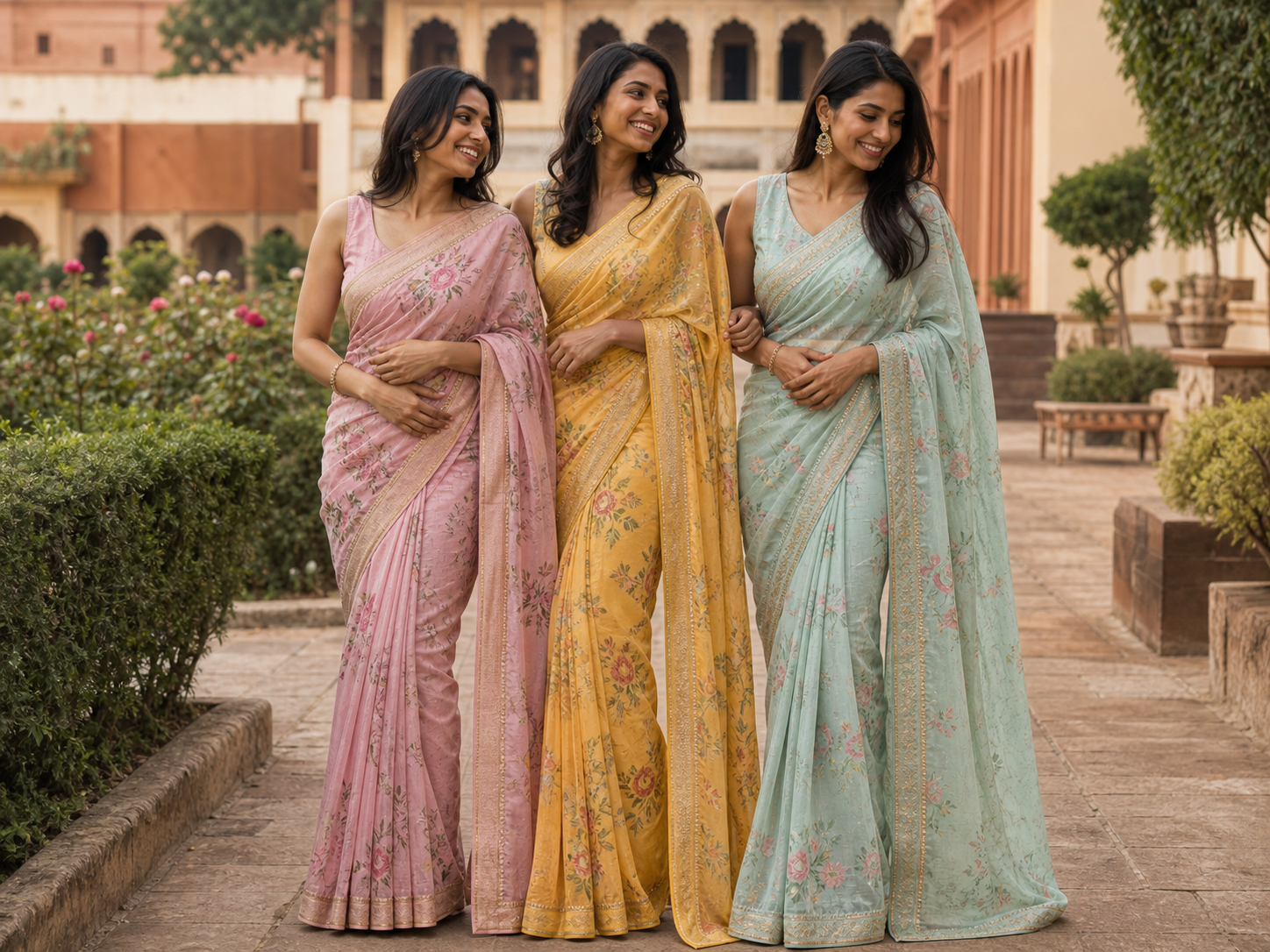 Group of friends in saree pose reference for poses for eid with friends