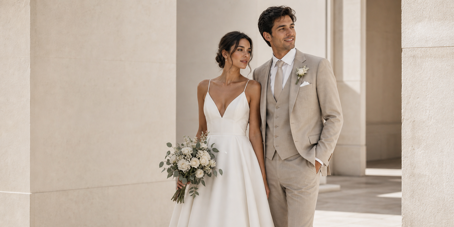Formal wedding couple pose reference with bouquet and suit